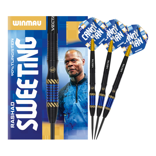 Winmau Rashad Sweeting Steeldarts - 24g Auf dem Bild sind die Winmau Rashad Sweeting Steeldarts - 24g zu sehen. Die Verpackung zeigt ein Porträt von Rashad Sweeting und die drei Darts sind mit blauen und goldenen Akzenten gestaltet.