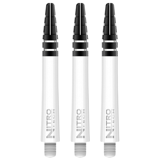 Das Bild zeigt drei weiße RedDragon Nitrotech Shafts für Dartpfeile. Die Schäfte haben einen schwarzen oberen Teil und das Logo "NITRO TECH" ist aufgedruckt.