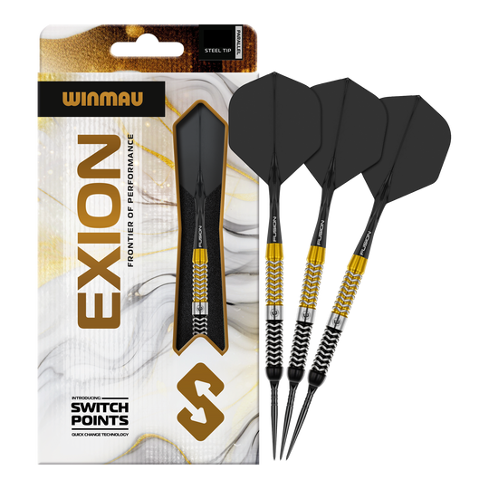 Auf dem Bild sind die Winmau Exion Parallel Switch Point Steeldarts komplett abgebildet. Die Darts eignen sich ideal für professionelle Spieler.