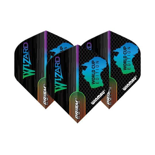 6915-237_Winmau_Simon_Whitlock_World_Cup_Special_Edition_Standard_Flights_1TCCzvaL84lPSL Das Bild zeigt drei Dart-Flights der Marke Winmau, Simon Whitlock World Cup Special Edition. Die Flights sind schwarz mit farbigen Details und den Aufschriften "Wizard" und "World Cup Edition".