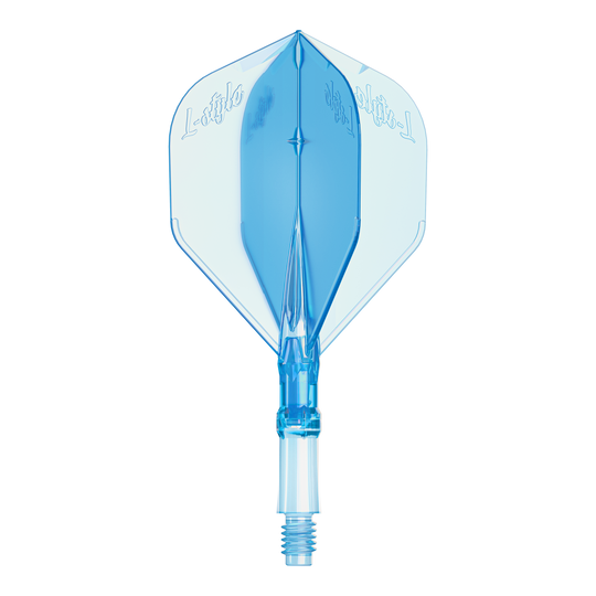 Abgebildet ist ein L-Style L-System Flight in klarer blauer Farbe, Größe Small. Es ist ein Ersatz-Flight für Dartpfeile.