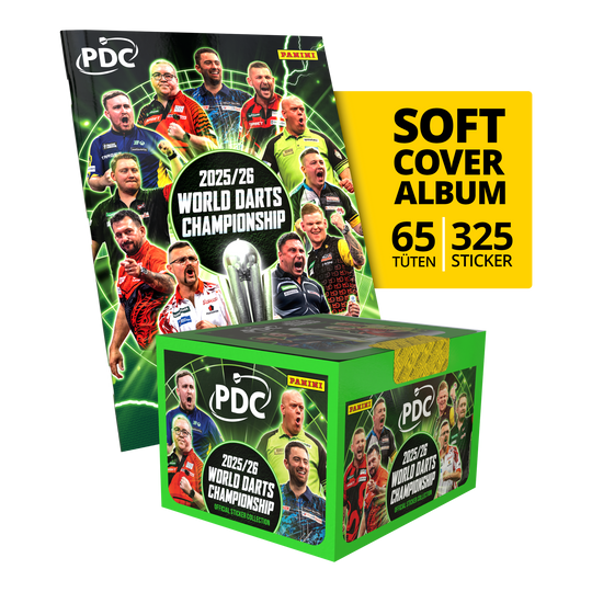 Panini PDC World Darts Championship 2025/26 - Softcover Bundle with a sticker box Das Bild zeigt das Panini PDC World Darts Championship 2025/26 Softcover Bundle mit einer Stickerbox. Dieses Bundle enthält ein Softcover-Album und eine Box voller Sticker.