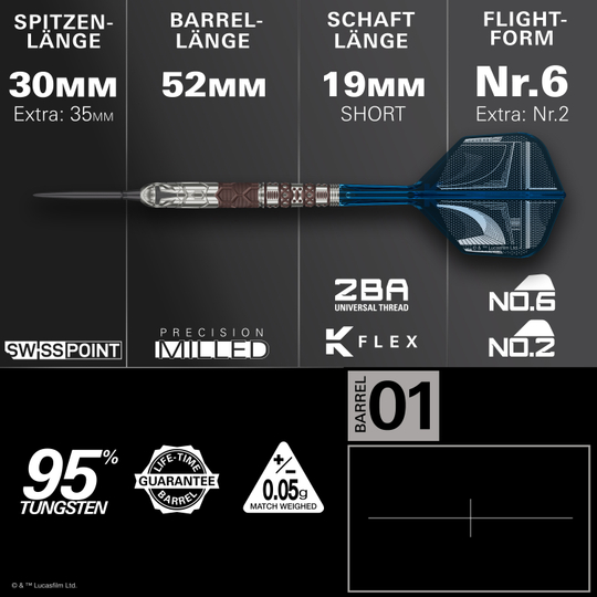 Target Star Wars Mandalorian 95 Swiss Point Steel Darts Zu sehen ist das Produkt Target Star Wars Mandalorian 95 Swiss Point Steeldarts. Die Abbildung hebt das einzigartige Design dieser Dartpfeile hervor.