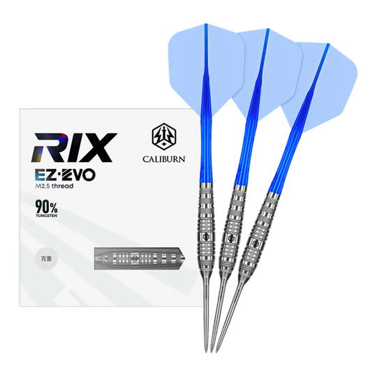Dieses Bild zeigt die Caliburn Rix EZ-EVO R3 Steeldarts in voller Ansicht. Das Produkt ist auf Präzision und Balance ausgelegt.