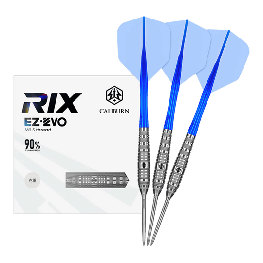 Caliburn Rix EZ-EVO R3 steel darts Dieses Bild zeigt die Caliburn Rix EZ-EVO R3 Steeldarts in voller Ansicht. Das Produkt ist auf Präzision und Balance ausgelegt.