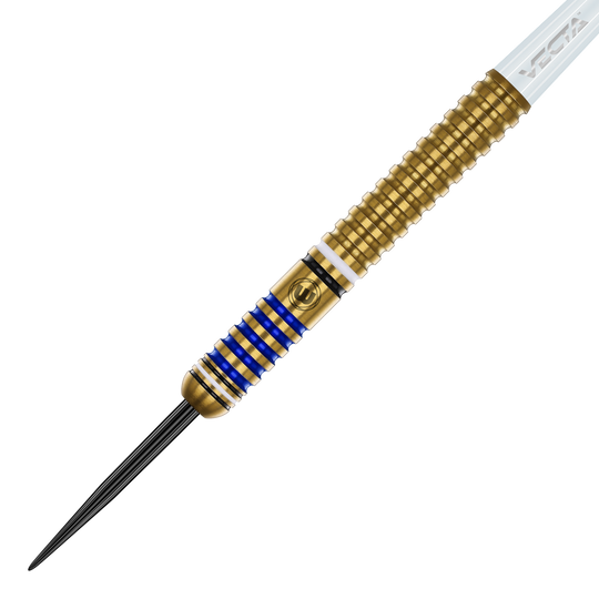 Der Winmau Ryan Branley Steeldart mit 23g Gewicht ist auf dem Bild zu sehen. Er hat ein goldfarbenes Griffstück mit blauen und weißen Ringen und einer schwarzen Spitze.