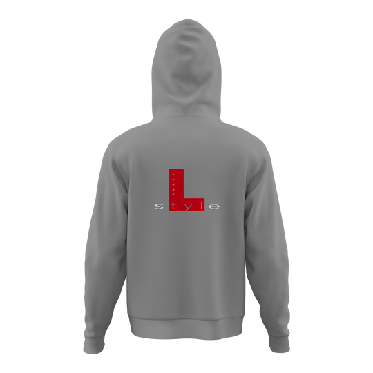 L-Style Hoodie - Grey Der Hoodie ist grau und hat auf der Rückseite ein großes rotes "L" mit dem Wort "style" darunter. Das Design ist schlicht und modern gehalten.