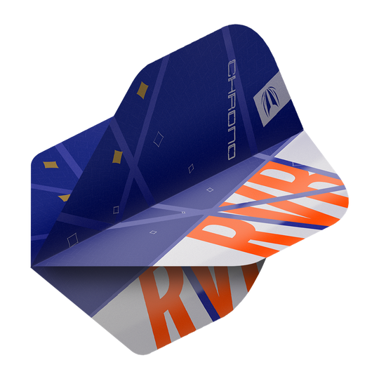 Target Pro Ultra Raymond Van Barneveld Chrono No2 Standard Flights - 3 Sets Das Bild zeigt ein Dartflight-Set aus der Serie "Target Pro Ultra Raymond Van Barneveld Chrono No2 Standard Flights". Das Flight ist vorwiegend blau mit orangefarbenen Buchstaben "RVB" und dekorativen Elementen.