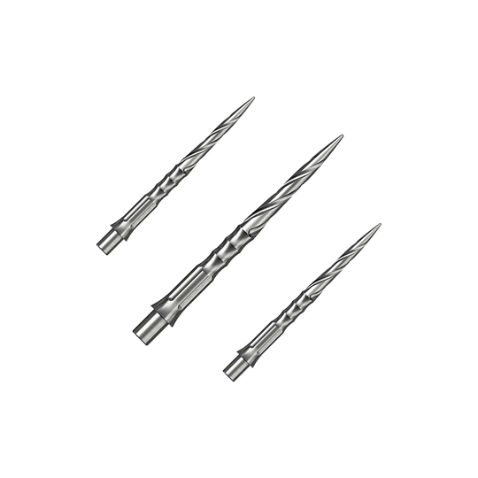 Caliburn System steel dart tips - Spiro - NoLip - silver Das Bild zeigt ein Set von Caliburn Evo System Steeldartspitzen in Silber, 28 mm lang und mit Spiro-Design. Mehrere Spitzen sind geordnet dargestellt.