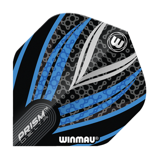 Winmau Prism Delta Black White Blue No. 2 Standard Flights Das Bild zeigt ein Winmau Prism Delta Flight in den Farben Schwarz, Weiß und Blau. Das Design ist modern mit auffälligen Linien und Mustern.