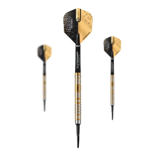 Harrow's Dave Chisnall Chizzy Series 2 soft darts Das Bild zeigt drei Softdarts der Marke "Harrows Dave Chisnall Chizzy Series 2" mit gold-schwarzem Design. Die Darts haben schwarze Flights und silber-goldene Griffe mit schwarzer Spitze.