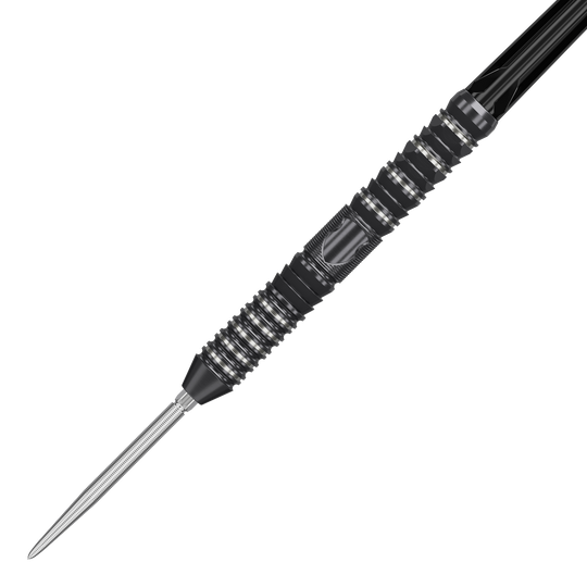 Target Japan Black Marque Draco GEN2 steel darts Das Bild zeigt einen Target Japan Black Marque Draco GEN2 Steeldart. Der Dartpfeil ist schwarz mit silbernen Rillen und hat ein modernes, strukturiertes Design.