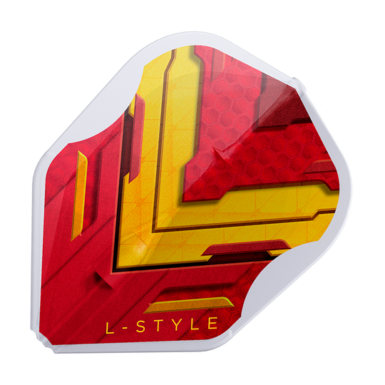 Dies ist ein L-Style V-Series V1 Type A Spain Clear White L3EZ Flight. Das Design ist rot und gelb mit einem weißen Rand und der Aufschrift "L-STYLE".