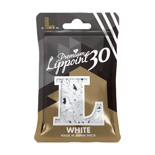 LIP43_L-Style_Premium_Lippoints_30_Softdartspitzen_30erPack_Weiss_3 Auf dem Bild ist eine Packung mit weißen Premium Lippoint Softdartspitzen zu sehen. Die Verpackung enthält 30 Stück und ist Made in Japan.