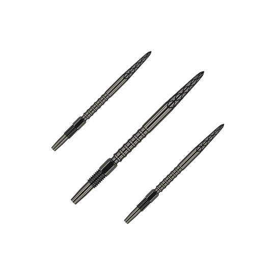 Target Swiss DS Surge Point dart tips - Black Auf dem Bild sind drei schwarze Dartspitzen zu sehen. Sie sind schlank, haben ein strukturiertes Muster und liegen nebeneinander.