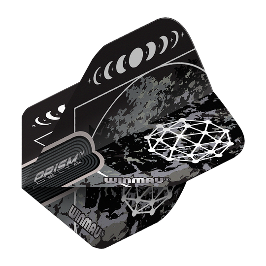 Das Bild zeigt die Winmau Prism Delta Callisto No2 Standard Flights. Die Flights sind schwarz-grau gemustert und mit weißen grafischen Mondphasen und geometrischen Mustern verziert.