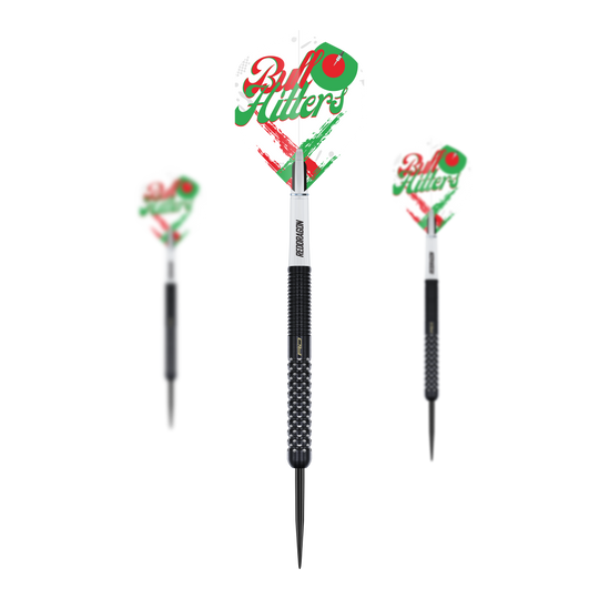 Red Dragon Bullhitters V1 Steeldarts - 23g Das Bild zeigt den Red Dragon Bullhitters V1 Steeldarts - 23g als Set. Es handelt sich um Steeldarts mit einem Gewicht von 23 Gramm.