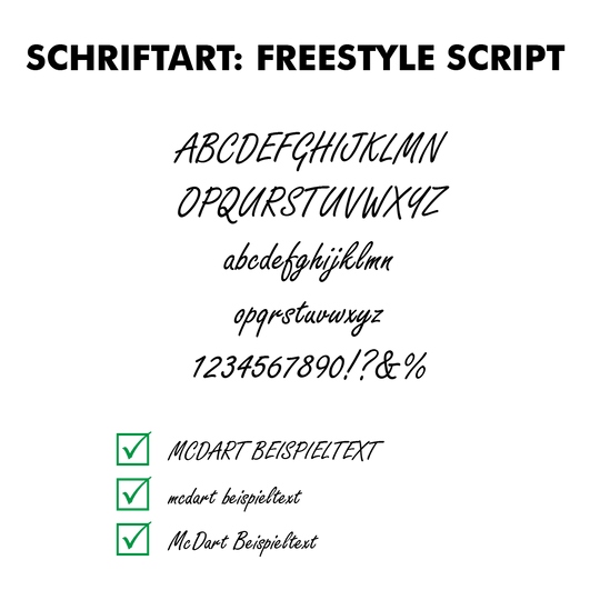 Flightdruck_Schriftart_Freestyle_Scriptng5X5F3EZwPWg Das Bild zeigt 4-seitig bedruckte Flights mit Wunschtext. Die Flights sind in klassischer Form gehalten.