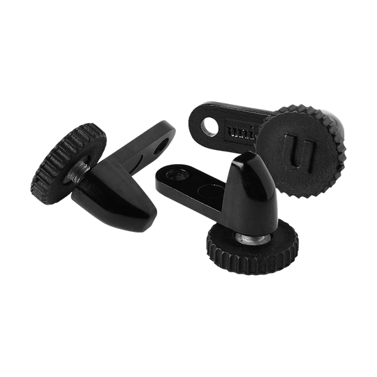 79827_Unicorn_Unilock_Board_Nivellierungsset_1 Das Bild zeigt das Unicorn Unilock Board Nivellierungsset in schwarzer Farbe. Die Teile dienen zur einfachen und präzisen Ausrichtung von Boards.