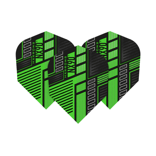 HR49_Harrows_Prime_NX90_Green_No6_Flights_15Ob7XLR5S1qp0 Das Bild zeigt drei Dartflights des Produkts "Harrows Prime NX90 Green". Die Flights sind in einem auffälligen grünen und schwarzen Design mit geometrischen Mustern gestaltet.