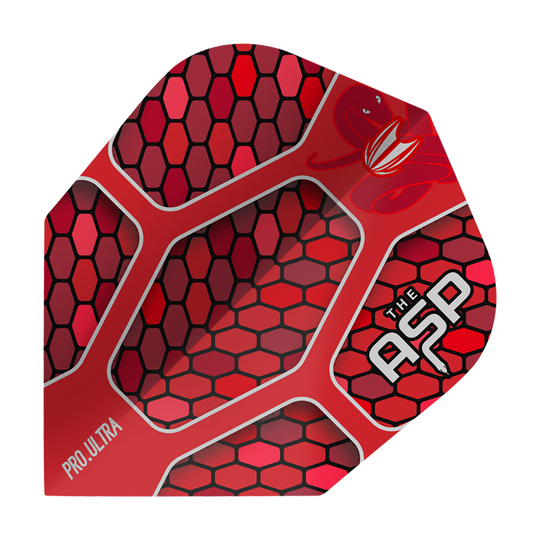 TG386_334440_Target_ProUltra_Nathan_Aspinall_Red_No6_Flights_1 Dieses Bild zeigt einen roten Dartflight mit Wabenmuster und weißen Schriftzügen. Auf dem Flight stehen „PRO.ULTRA“ und „THE ASP“.