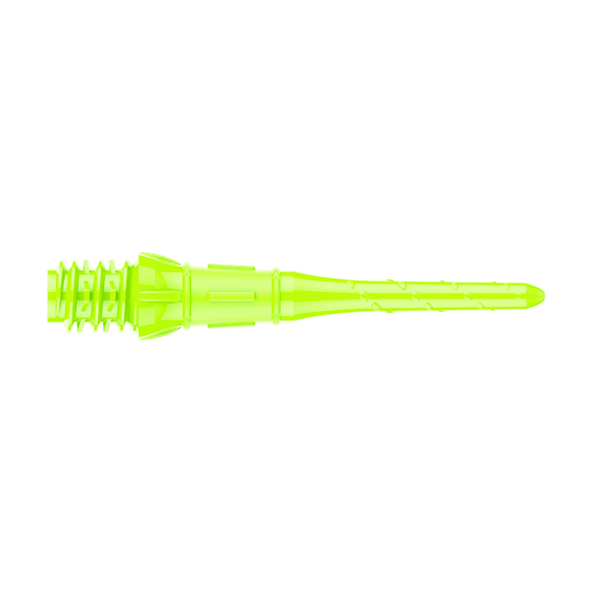 Das Bild zeigt eine neon-gelbe Dartspitze. Sie ist schmal, lang und hat ein geripptes Ende für den festen Halt im Dartbarrel.