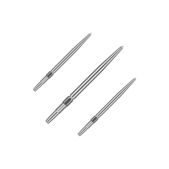 Target Swiss Point Silver dart tips Das Bild zeigt drei silberne Dartspitzen, die nebeneinander liegen. Sie sind lang und haben an einem Ende eine strukturierte Griffzone.