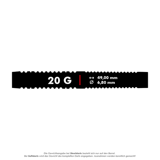 Das Bild zeigt die Produktinformationen für die Mission Octane Model 1 Softdarts mit einem Gewicht von 20 Gramm. Die Länge beträgt 49,00 mm und der Durchmesser 6,80 mm.