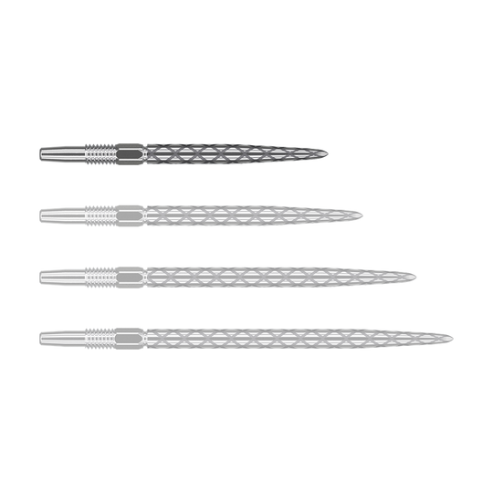 Target Swiss Diamond Pro Silver Points dart tips Das Bild zeigt vier silberne Dartspitzen mit einem rautenförmigen Muster. Sie sind nebeneinander auf weißem Hintergrund angeordnet.