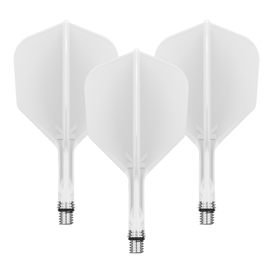 Zu sehen ist ein Flight-Set namens 410540_Target_KShift_No6_Flights_Wei_19mm_1Set. Mehrere weiße Flights sind gemeinsam präsentiert.