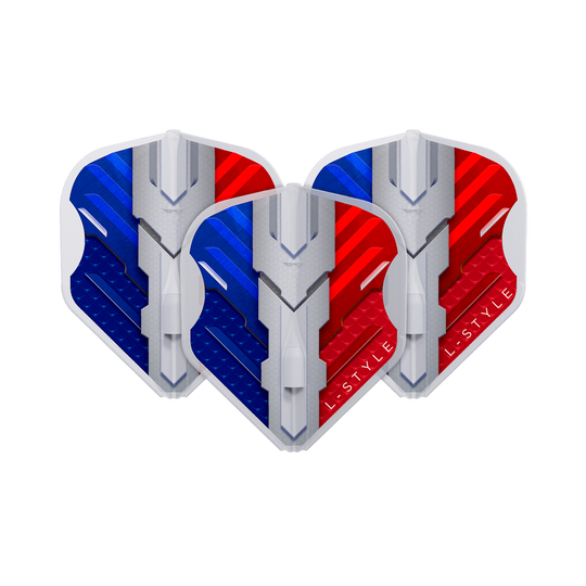 L-Style V-Series V1 Type B France Clear White L1EZ Flights Das Bild zeigt drei Dartflights in den Farben Blau, Weiß und Rot, die die französische Flagge darstellen. Auf den Flights steht der Markenname "L-Style" und sie haben ein modernes, technisches Design.