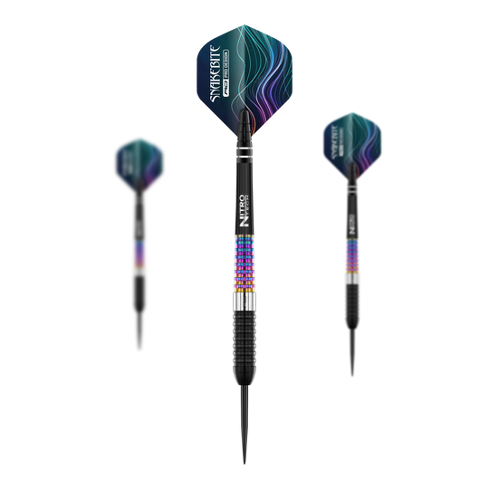 Das Bild zeigt drei Steeldarts des Modells "Red Dragon Peter Wright Corra". Die Darts haben bunte Griffe und schwarze Spitzen, mit auffälligen Flights im Snakebite-Design.