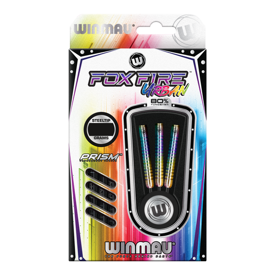 Winmau Foxfire Urban steel darts Das Bild zeigt die Verpackung der "Winmau Foxfire Urban Steeldarts". Die Darts haben ein buntes Design und bestehen zu 80 % aus Wolfram.
