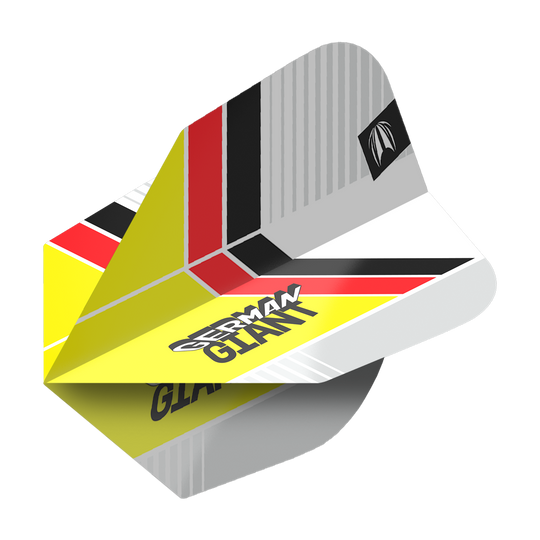 Target Pro Ultra Gabriel Clemens No6 Flights - 3 sets Das Bild zeigt das Produkt "Target Pro Ultra Gabriel Clemens No6 Flights - 3 Sets". Die Dart-Flights haben ein auffälliges Design mit den Farben Gelb, Rot, Schwarz und Weiß sowie dem Schriftzug "German Giant".