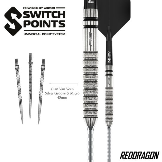 Gezeigt werden die Red Dragon Gian Van Veen Tour Edition Switch Point Steeldarts - 21g aus einer anderen Perspektive. Das Design ist sportlich und funktional.
