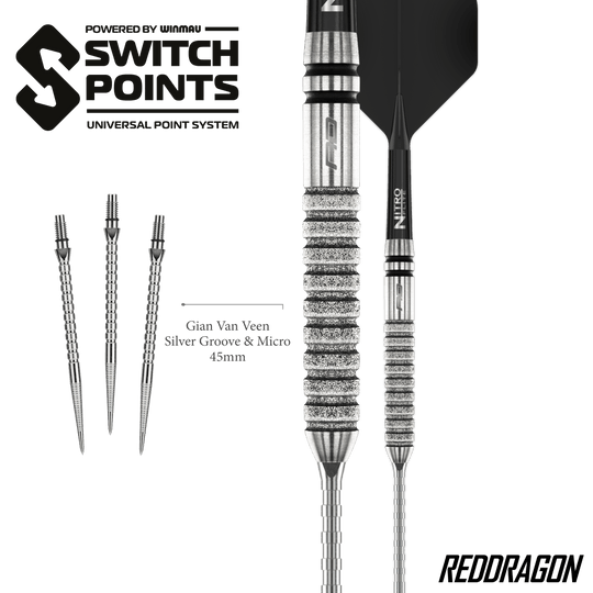 Red Dragon Gian Van Veen Tour Edition Switch Point Steeldarts - 21g Gezeigt werden die Red Dragon Gian Van Veen Tour Edition Switch Point Steeldarts - 21g aus einer anderen Perspektive. Das Design ist sportlich und funktional.