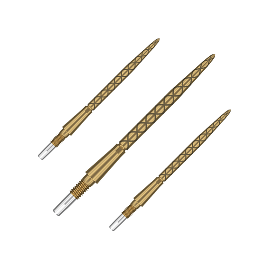 Target Swiss Storm Diamond Point Dart Tips - Gold Das Bild zeigt drei goldene Dartspitzen mit einem rautenförmigen Muster. Sie sind länglich und haben eine silberne Spitze zum Werfen.