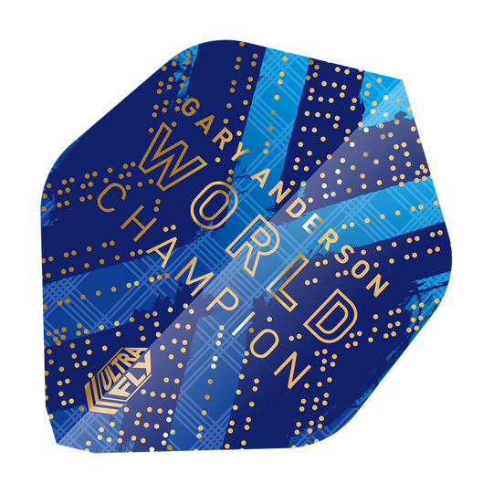 69453_Unicorn_World_Champion_Gary_Anderson_Phase_6_AR1_Flights_2 Das Bild zeigt einen blauen Dartflight mit goldenen Punkten und der Aufschrift "Gary Anderson World Champion". Im unteren Bereich ist das "Ultra Fly" Logo zu sehen.