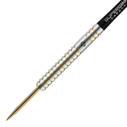 Harrows Anniversary Edition The Original Steeldarts Das Bild zeigt einen Harrows Anniversary Edition The Original Steeldart. Der Dartpfeil hat ein silbernes Barrel mit goldenen Rillen und einer goldenen Spitze.