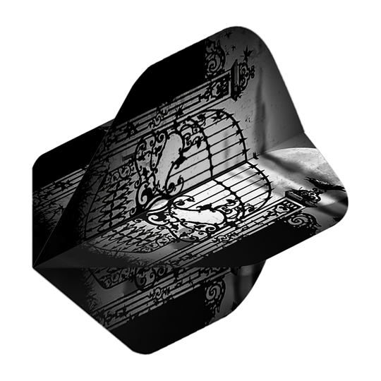 Das Bild zeigt einen Dartflight mit einem kunstvollen, schwarzen Tor-Design vor einem Vollmond. Die Farben sind hauptsächlich schwarz und grau gehalten, was dem Flight ein mystisches Aussehen verleiht.