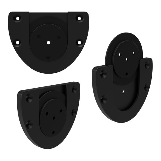 Bulls NL Dartboard Silencer Das Bild zeigt drei schwarze, halbkreisförmige Kunststoffteile mit Schraublöchern, die als Bulls NL Dartboard Silencer dienen. Sie werden verwendet, um das Geräusch beim Auftreffen der Darts auf das Board zu dämpfen.