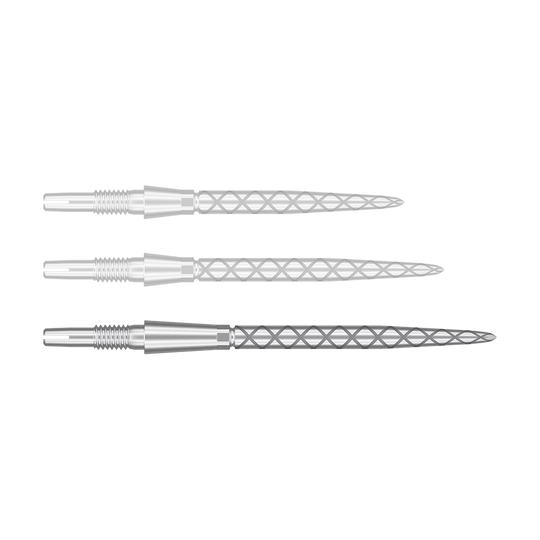 Target Swiss Storm Diamond Point Dart Tips - Silver Das Bild zeigt drei silberne Dartspitzen mit einem Rautenmuster auf der Spitze. Sie sind nebeneinander und parallel ausgerichtet.
