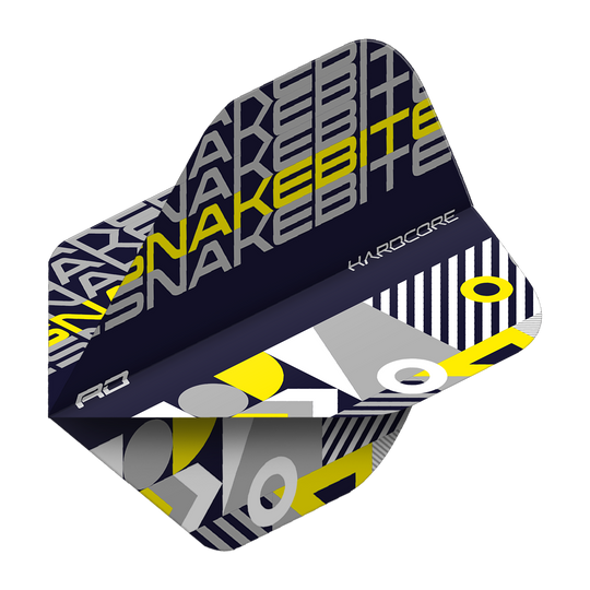 TF6657_Red_Dragon_Hardcore_Snakebite_BlackYellow_Standard_Flights_2FPM95d6FcLmsD Das Bild zeigt ein Dart Flight mit dem Aufdruck "SNAKEBITE" in Schwarz, Gelb und Grau. Das Design ist modern und kombiniert geometrische Muster mit auffälligen Farben.