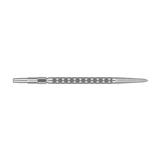 Target Swiss FLT Point Dart Tips - Silver Zwei kurze silberne Dartspitzen sind nebeneinander fotografiert. Sie sind waagerecht platziert.