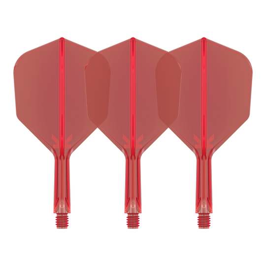 Target K-Flex No6 Flight System - Red Auf dem Bild sind drei rote Dart-Flights mit Shafts zu sehen. Sie sind identisch und stehen nebeneinander auf weißem Hintergrund.