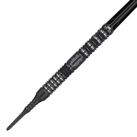 Target Japan Black Marque Draco GEN2 Soft Darts - 20g Das Bild zeigt einen Target Japan Black Marque Draco GEN2 Softdart mit einem Gewicht von 20g. Der Dart ist schwarz-silbern und hat ein modernes, gerilltes Design für besseren Halt.