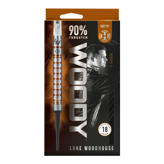 Die Verpackung zeigt die Harrows Luke Woodhouse Series 2 Softdarts mit einem Gewicht von 18 Gramm. Auf der Vorderseite ist ein großes Bild eines Softdarts sowie das Porträt von Luke Woodhouse abgebildet.