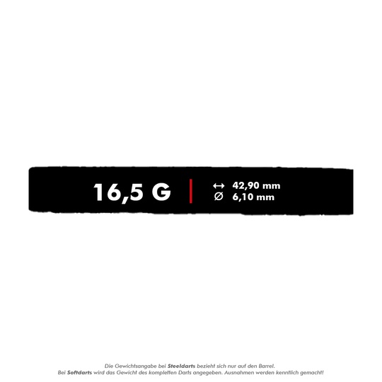 McDart 85 Tungsten V16 soft darts - 16.5g Das Bild zeigt die Eigenschaften des Produkts "McDart 85er Tungsten V16 Softdarts - 16,5g". Angegeben sind das Gewicht von 16,5 Gramm, eine Länge von 42,90 mm und ein Durchmesser von 6,10 mm.