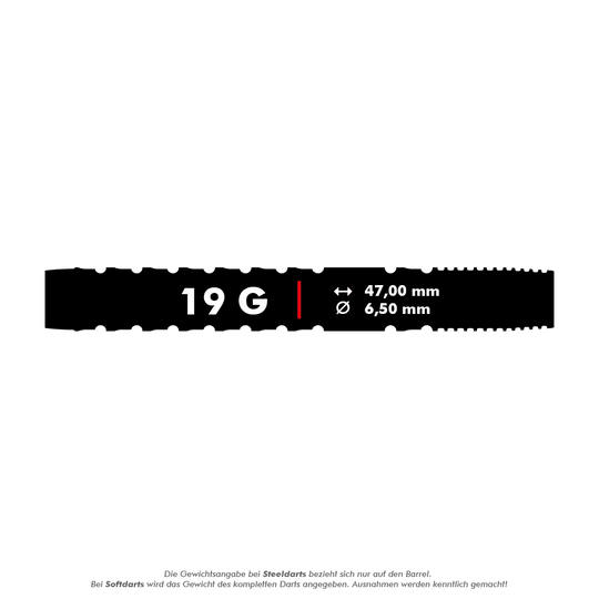 210324_Target_Luke_Littler_GEN1_Softdarts_5_19g Das Bild zeigt die Produktdetails der "Target Luke Littler GEN1 Softdarts - 19g". Die Darts wiegen 19 Gramm, sind 47,00 mm lang und haben einen Durchmesser von 6,50 mm.