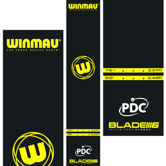 Winmau Pro-Zone Essential PVC dart mat Das Bild zeigt die Winmau Pro-Zone Essential PVC Dartmatte mit auffälligen gelben Logos und Markierungen. Die Matte zeigt Abwurflinien in den Längen 2,37 m und 2,44 m sowie die Logos von Winmau, PDC und Blade 6.